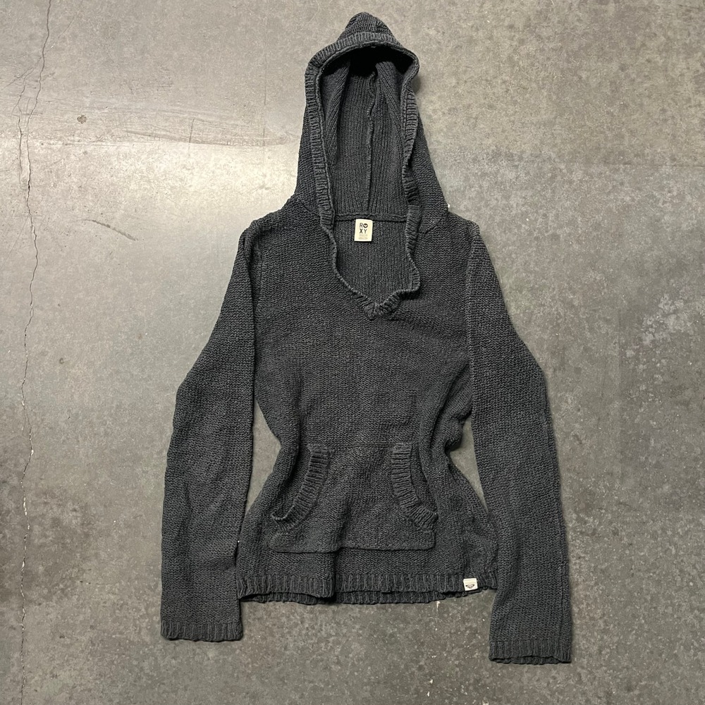Roxy Womens Knit Hoodie Sweater Charcoal Gray Long Sleeve Kangaroo Pocket Medium